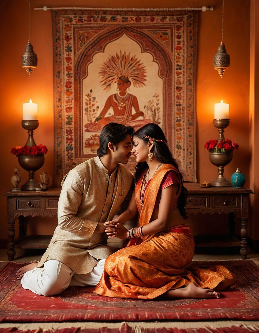A serene and intimate setting featuring a couple sharing a tender moment in a beautifully decorated room, cultural Indian elements like traditional textiles and art adorning the background. Capture subtle expressions of love and connection, with soft lighting that enhances the mood of intimacy and pleasure. Integrate symbols of consent and understanding, like intertwined hands or a heart motif. Vibrant colors. super-realistic.