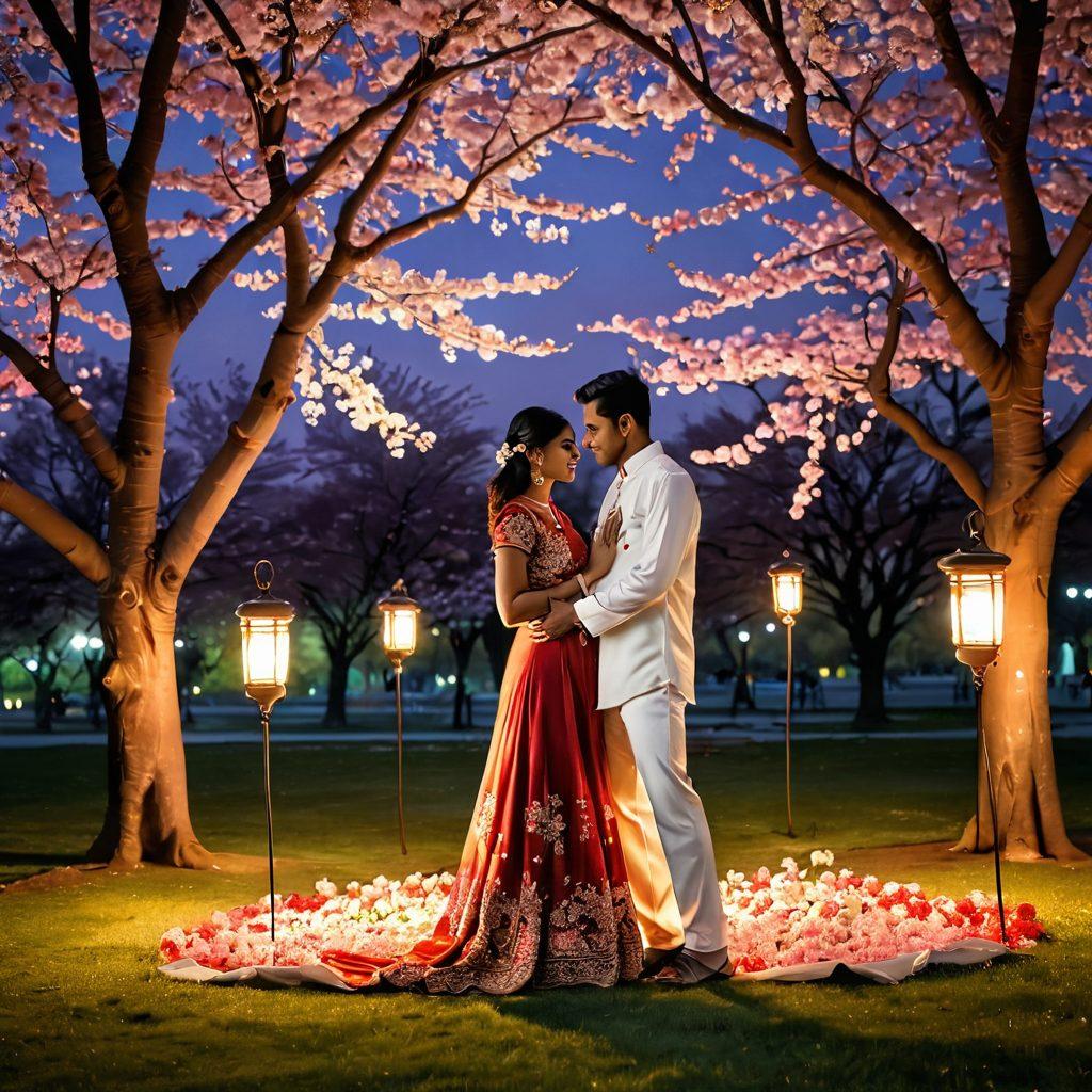 A romantic scene depicting a diverse modern Indian couple in a park, sharing a warm embrace under blooming cherry blossoms. Surround them with traditional Indian motifs blending with contemporary elements, like lanterns and soft lights. The setting should convey intimacy and connection, incorporating cultural symbols of love and companionship. sunset glow. super-realistic. vibrant colors.